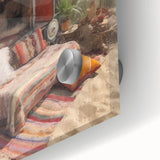 Large abstract wall art featuring a caravan of vehicles in monochrome tones on acrylic glass.