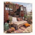 Side view of a caravan depicted in large abstract wall art on acrylic glass, featuring earthy tones.