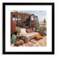 Extra large abstract art print of a colorful caravan, featuring textured elements on a black framed canvas.
