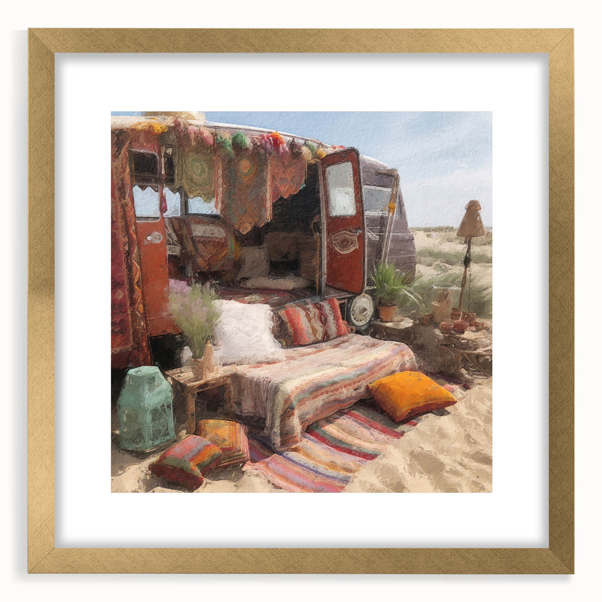 Extra large abstract art print featuring a textured caravan design in muted gold tones, framed with a mat.