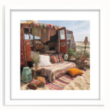 Abstract art print of a caravan in muted earth tones on a white framed poster, suitable for dining room decor.