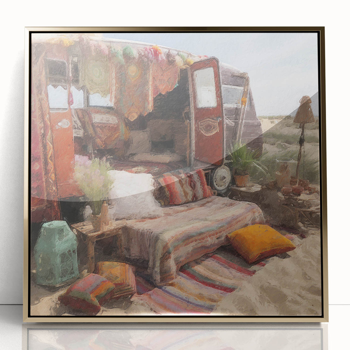 Mid-century modernist caravan illustration in gold and teal hues, acrylic framed print, suitable for nursery wall art.