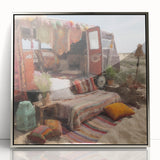 Mid-century modernist art featuring a caravan in neutral tones on a silver-framed acrylic, ideal for nursery wall art.
