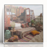 Art deco style caravan illustrated in soft pastel colors on a framed acrylic, ideal for nursery wall decor.