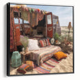 Black and white framed canvas featuring a vintage caravan in a landscape setting, ideal for bedroom wall decor.