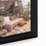 Extra large framed canvas featuring a textured, colorful caravan design on a black background, ideal for living room decor.