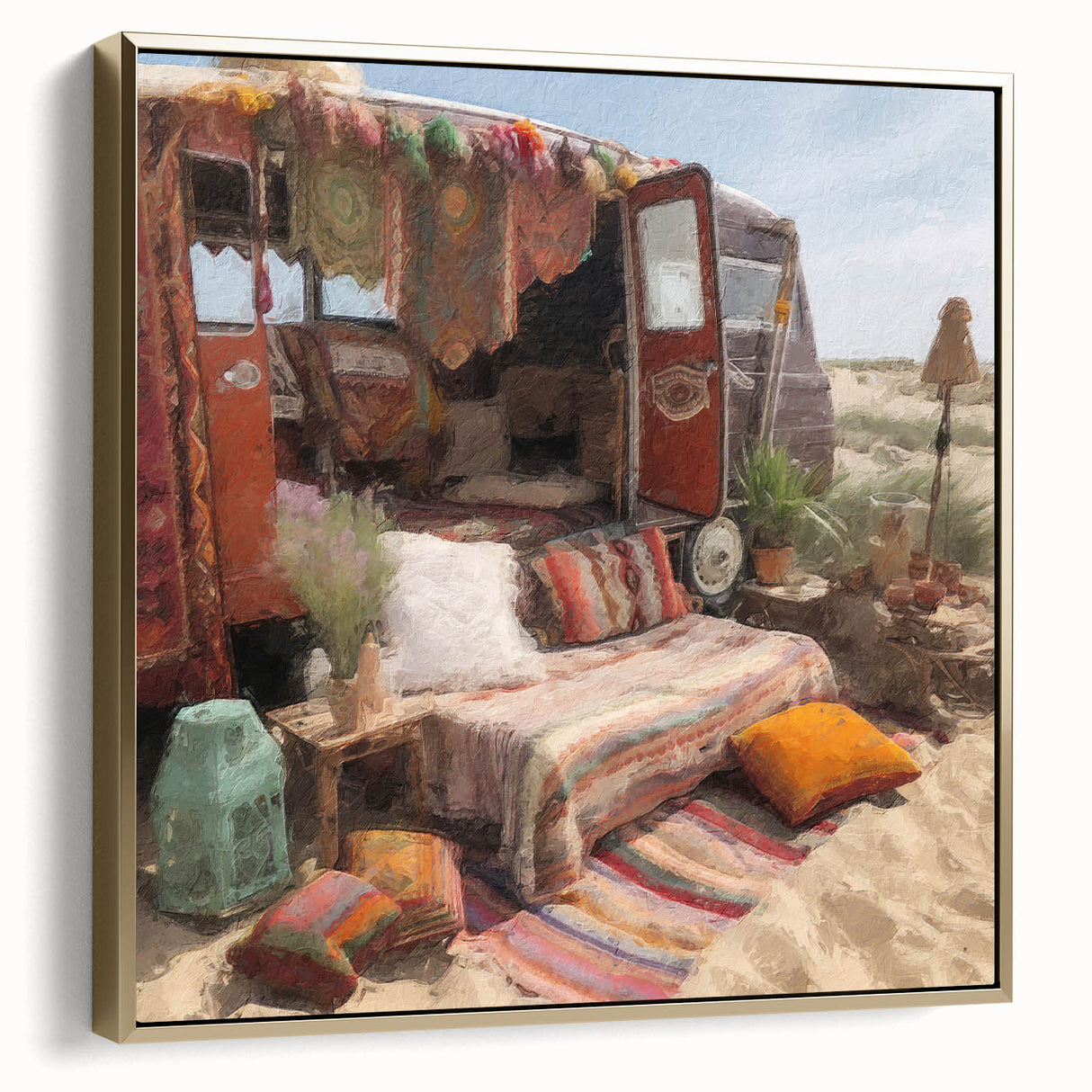 Framed canvas featuring a vintage poster art style landscape with caravans in silver and gold tones.