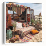 Vintage poster art of a colorful caravan on a framed canvas, suitable for living room decor.