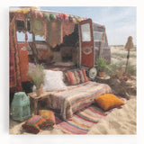 Black and white large art print of a caravan on stretched canvas, ideal for kitchen wall art.