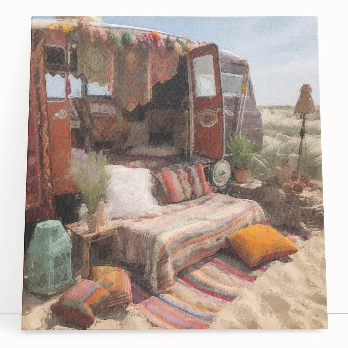 Black and white stretched canvas featuring a caravan of vehicles, ideal for kitchen wall art or bedroom decor.