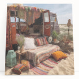 Black and white stretched canvas featuring a caravan of vehicles, ideal for kitchen wall art or bedroom decor.