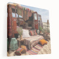 Side view of a colorful caravan depicted on stretched canvas, using a palette of bright primary colors.