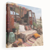 Side view of a colorful caravan depicted on stretched canvas, using a palette of bright primary colors.