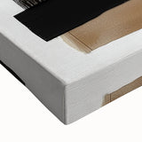 Close-up view of a minimalist stretched canvas artwork featuring abstract shapes in soothing earth tones, showcasing intricate textures and subtle color gradients, perfect for modern home decor.