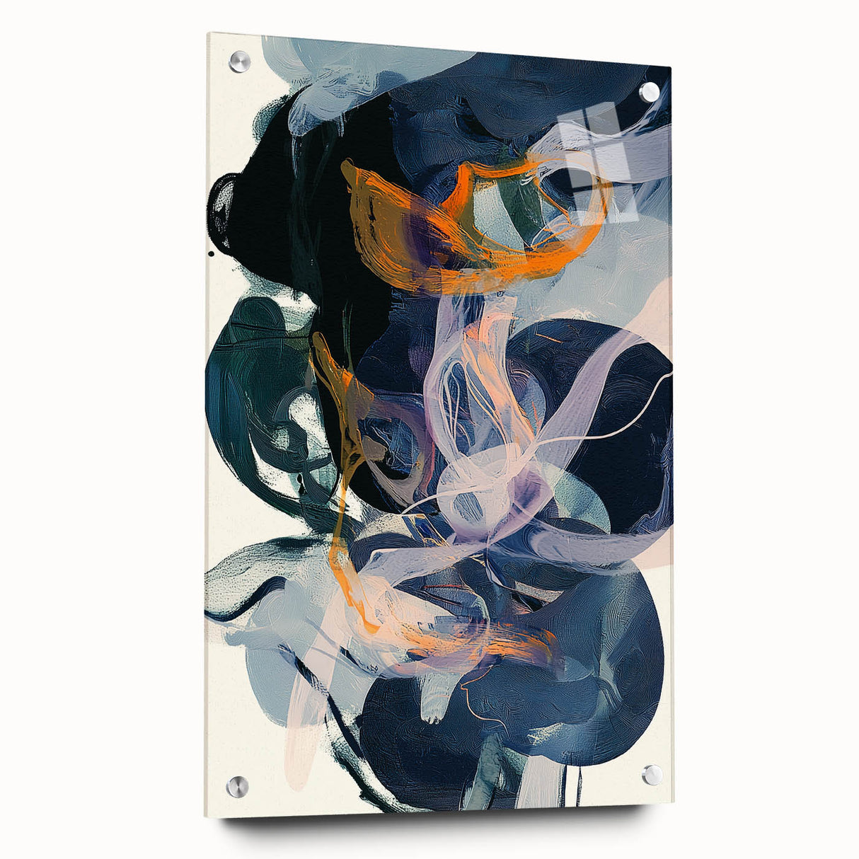 Abstract minimalist acrylic glass art piece showcasing a side view with decorative pins, featuring vibrant colors and geometric shapes, ideal for modern home decor.