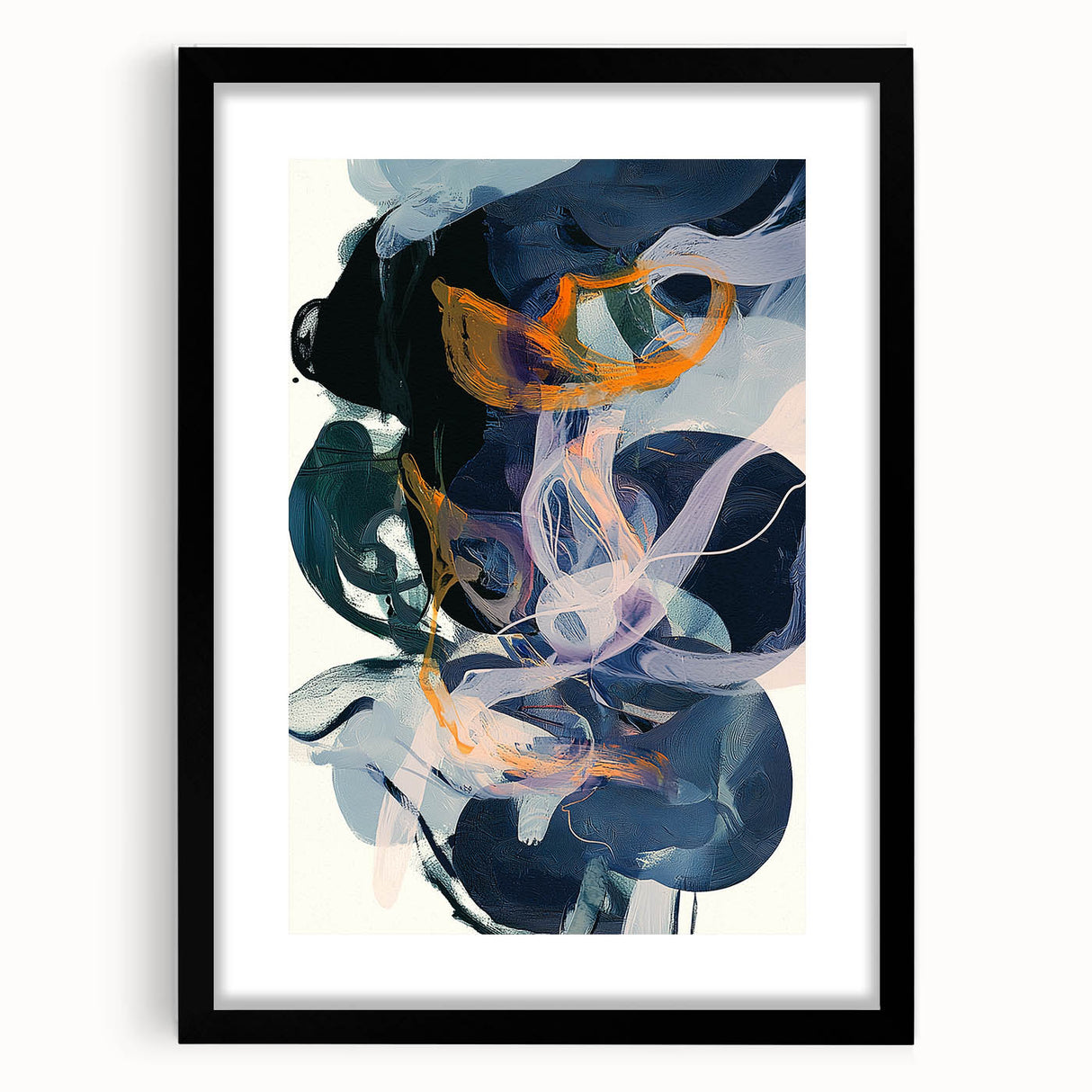 Minimalist black frame with a mat showcasing an abstract art piece, designed for modern decor, highlighting elegant lines and muted colors, perfect for home or office settings.