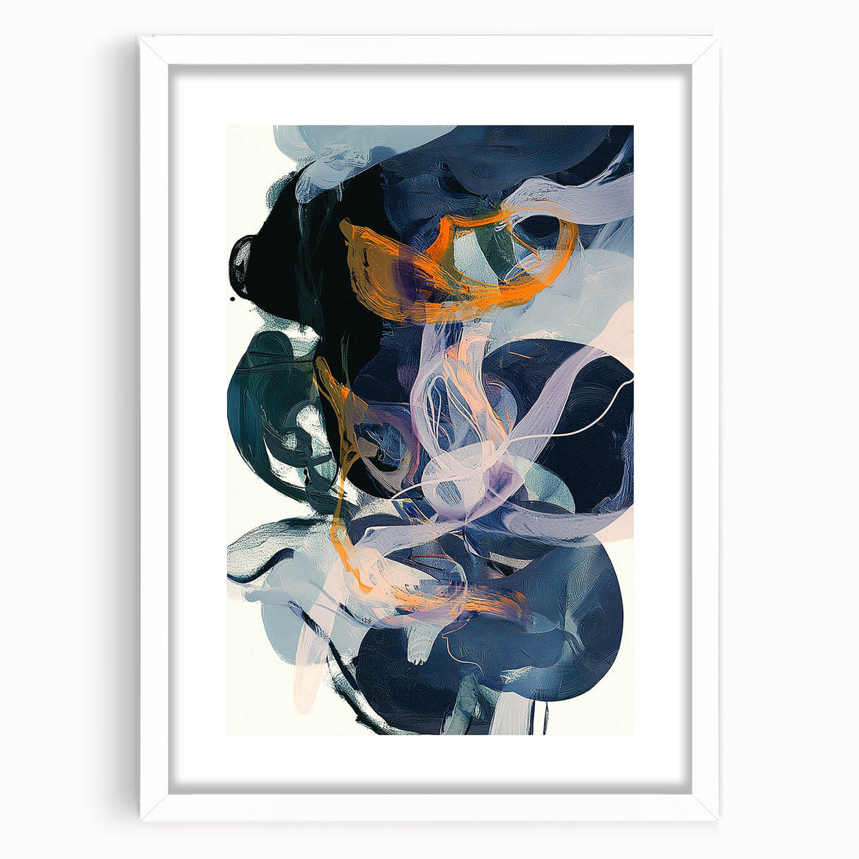 Minimalist white-framed abstract artwork with a mat, showcasing geometric shapes and soft pastel colors, perfect for modern home decor or office spaces.