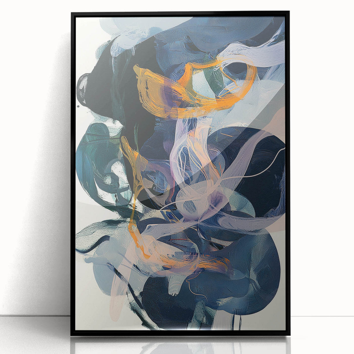 Framed minimalist abstract artwork with a sleek black acrylic front, showcasing fluid shapes and soft colors, ideal for modern home decor. This piece adds sophistication to any living space.