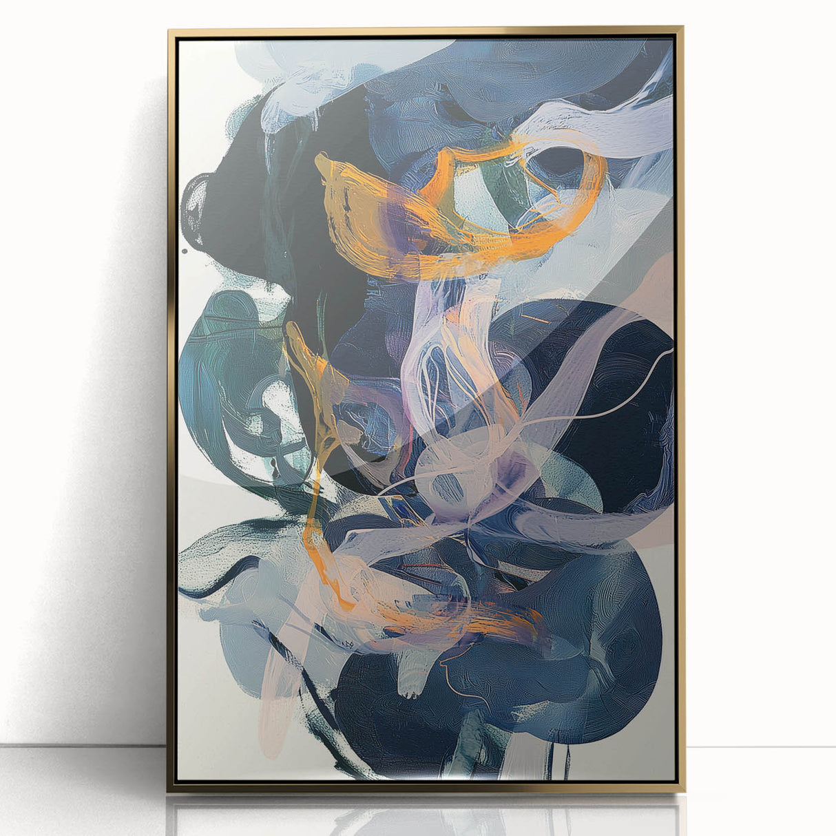 Framed minimalist abstract artwork in gold acrylic, showcasing elegant geometric patterns against a soft white background, perfect for modern decor.