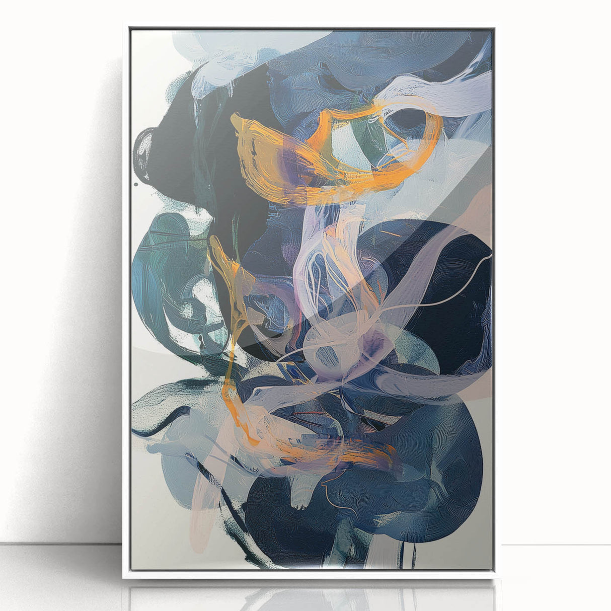 Framed minimalist abstract art piece featuring a white acrylic front view, showcasing subtle color gradients and geometric shapes, perfect for modern decor.