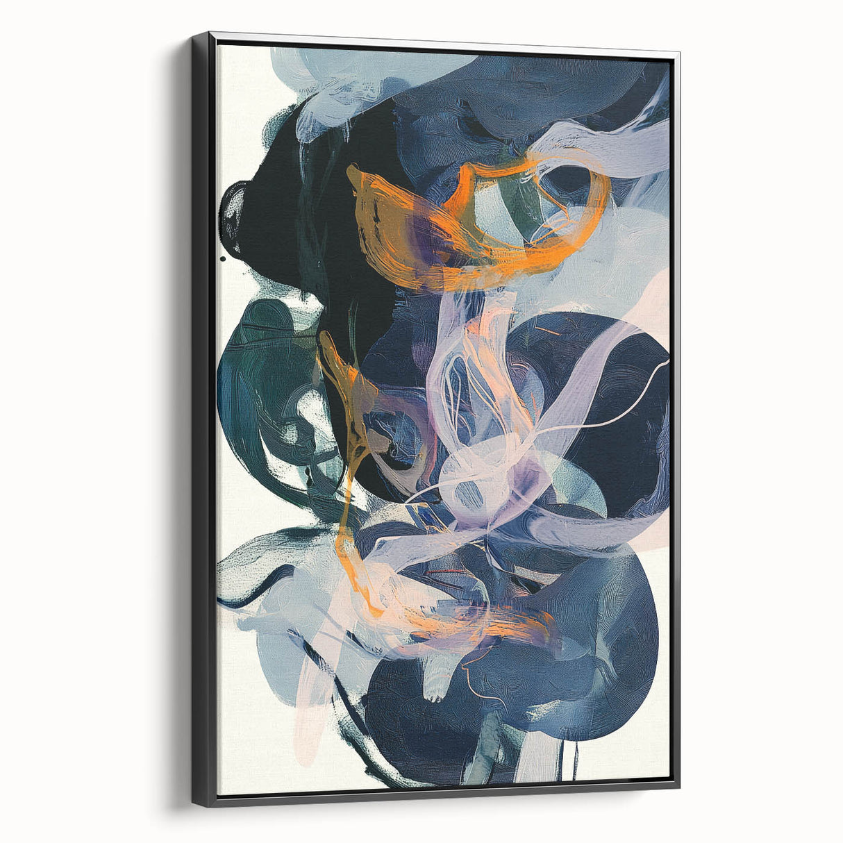 Framed minimalist abstract canvas art in black, showcasing a sleek side view. Ideal for modern decor, this piece enhances contemporary living spaces with its elegant design.