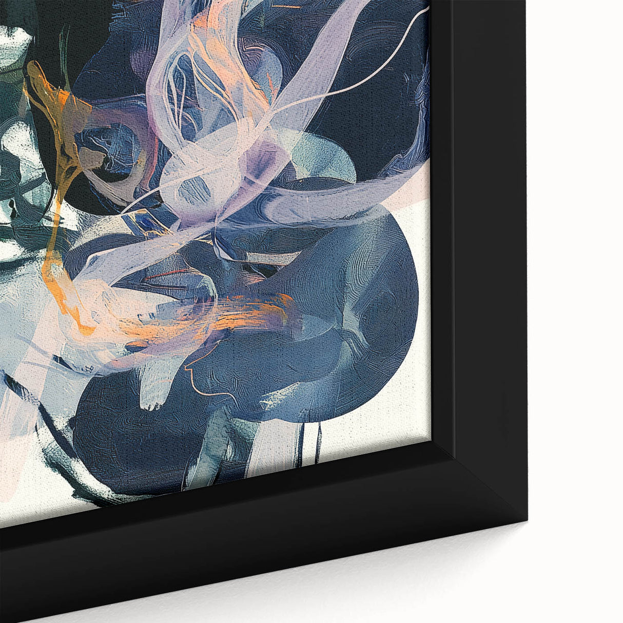 Close-up of a minimalist abstract framed canvas art piece showcasing vibrant colors and geometric shapes, perfect for modern home decor and interior design.