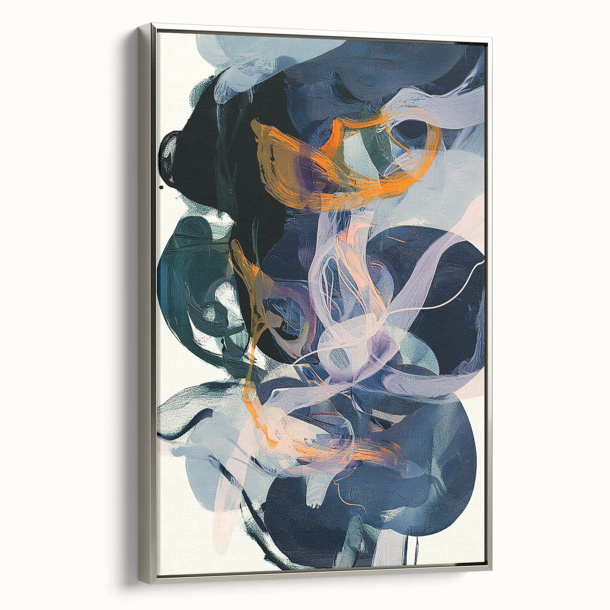 Framed minimalist abstract canvas art with a silver frame, showcasing elegant geometric shapes and soft color gradients, perfect for modern home decor.
