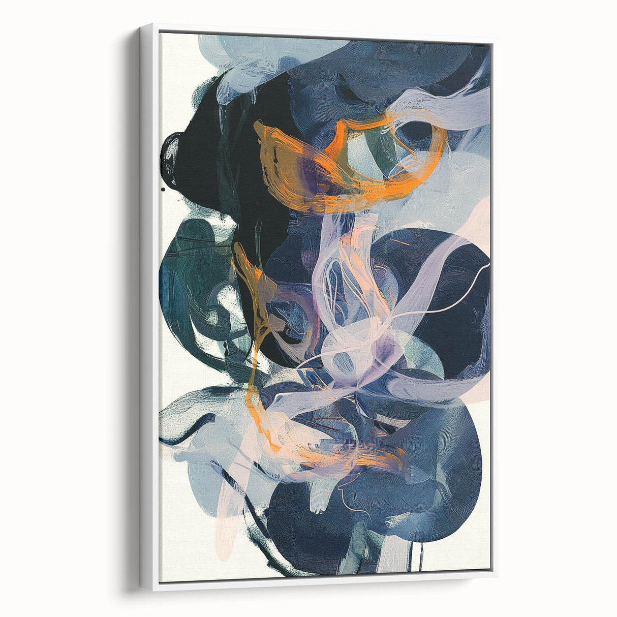 Framed minimalist abstract wall art canvas in white, showcasing a sleek side view; perfect for modern home decor and enhancing contemporary spaces.