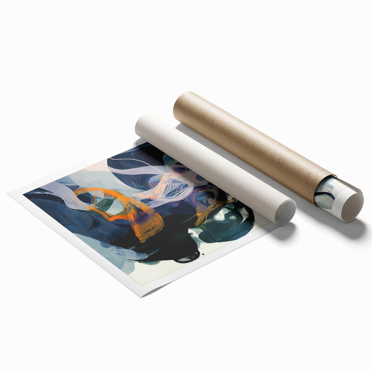 Abstract minimalist rolled print showcasing soft pastel colors with geometric shapes, elegantly packaged in a protective cardboard tube for safe delivery. This artwork enhances modern decor with its calming aesthetic and contemporary design.
