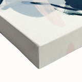 Close-up view of a minimalist abstract stretched canvas artwork, showcasing soft pastel colors and fluid shapes, perfect for modern home decor. Ideal for enhancing artistic ambiance.