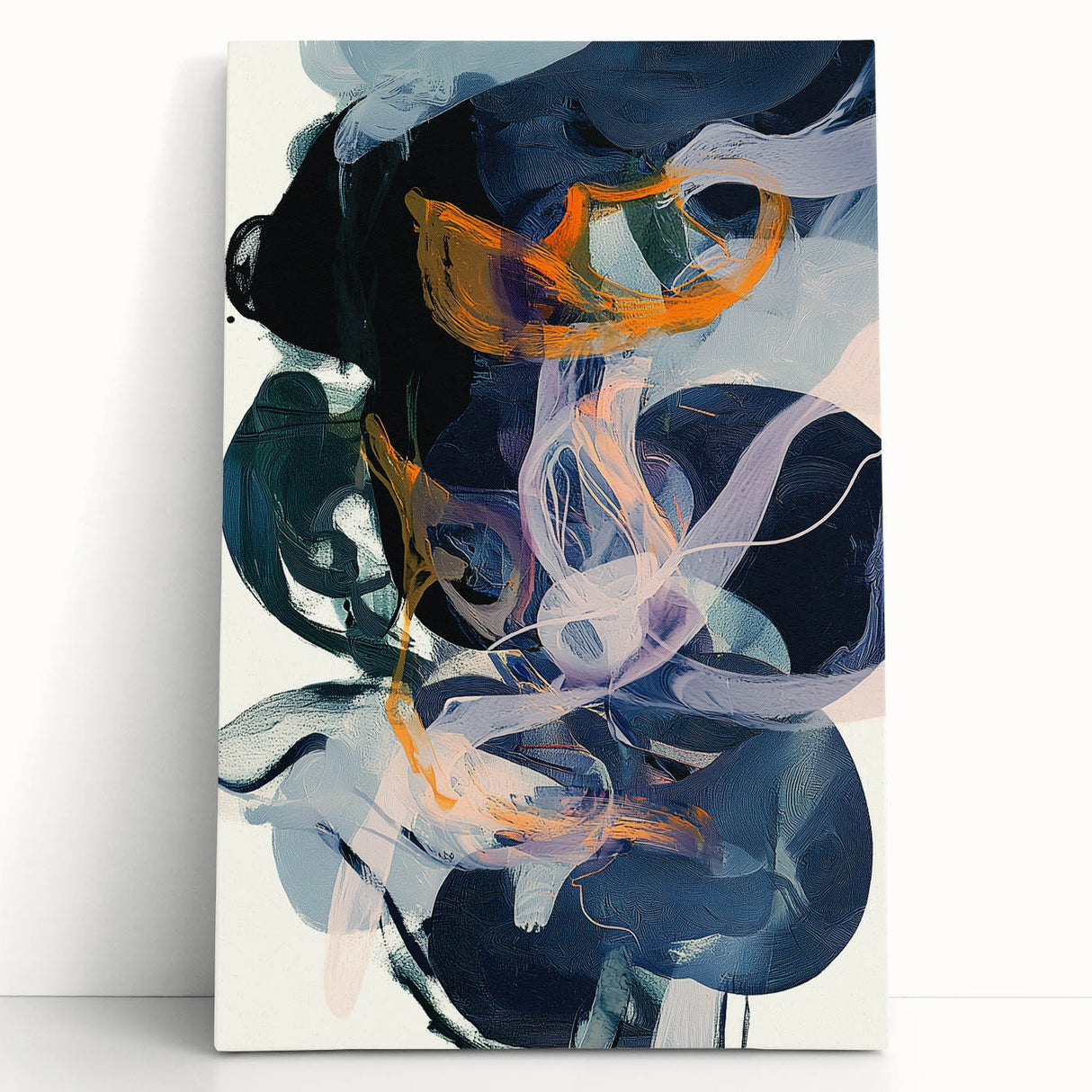 Abstract minimalist stretched canvas artwork featuring soft pastel colors and geometric shapes, elegantly leaning against a neutral wall, perfect for modern decor.