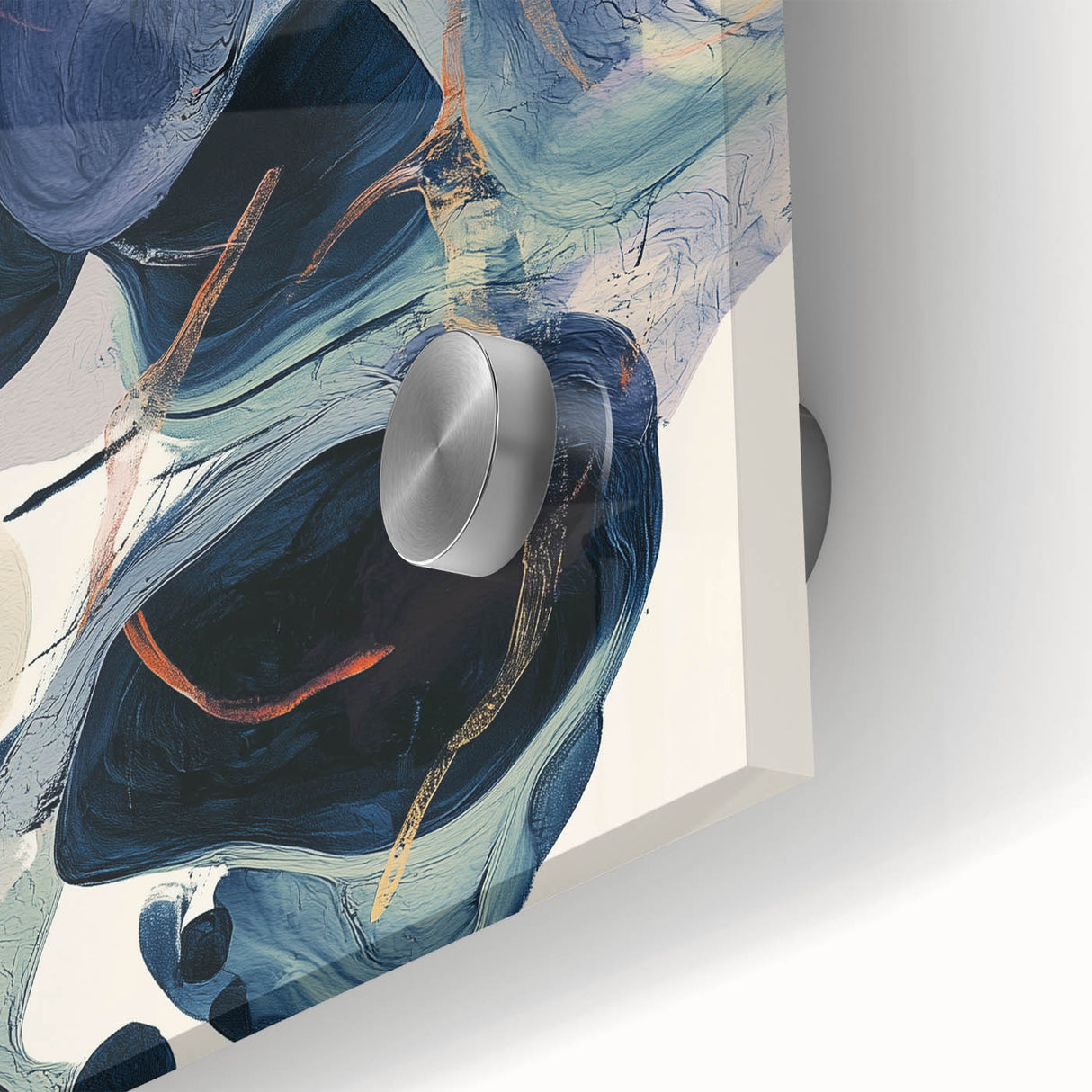 Close-up of a minimalist abstract acrylic glass artwork, showcasing vibrant colors and smooth textures, ideal for modern home decor and artistic displays.