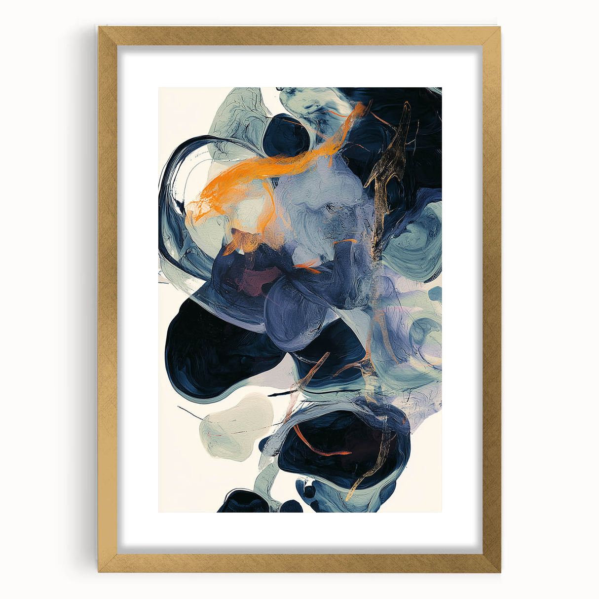 Minimalist gold-framed artwork with a white mat, showcasing an abstract design that enhances modern decor. Ideal for stylish home or office settings.