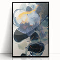 Framed minimalist abstract artwork in a sleek black acrylic frame, showcasing soft pastel colors and geometric shapes, ideal for modern home decor.