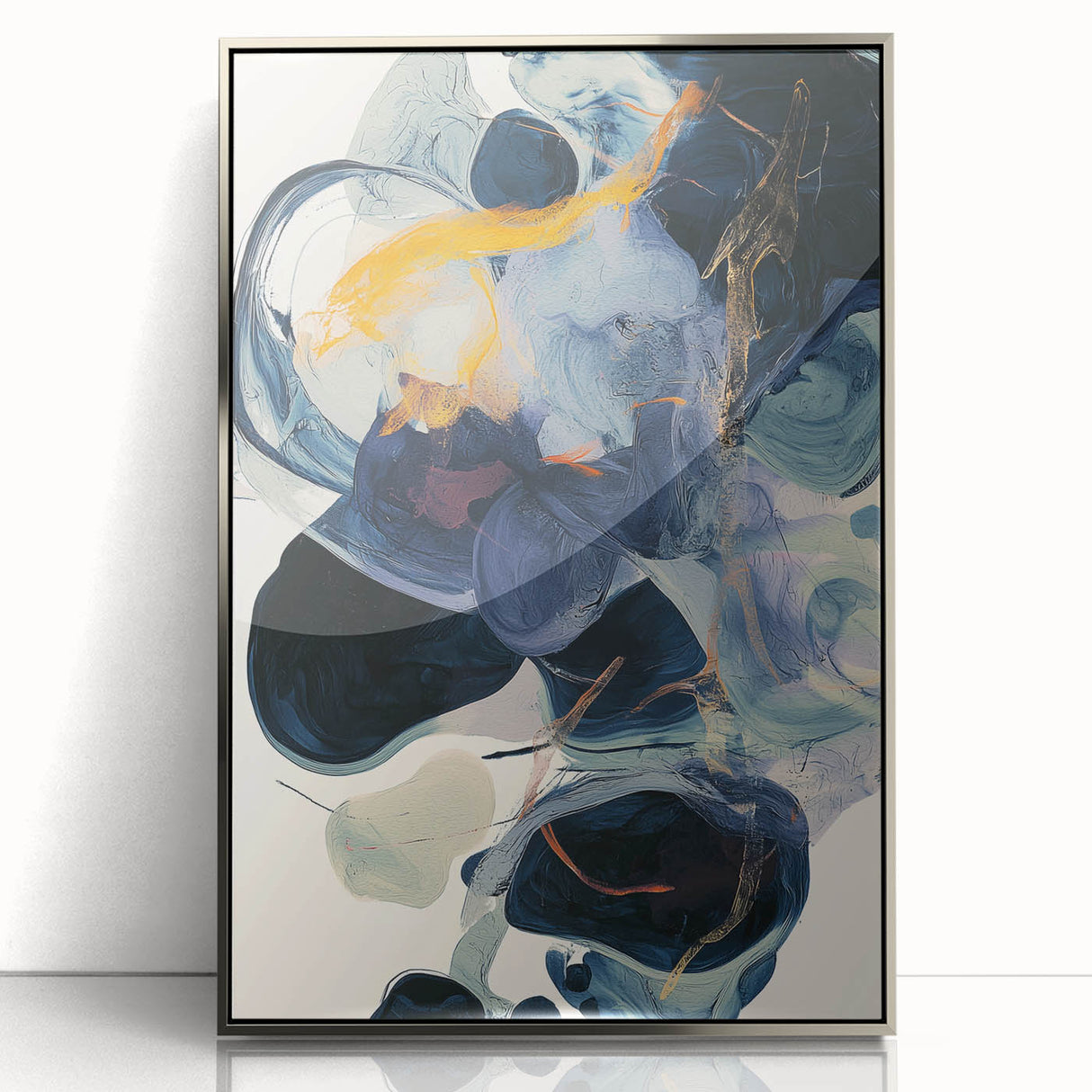 Framed acrylic artwork featuring a minimalist abstract design in silver tones, showcasing clean lines and geometric shapes, ideal for modern home decor.