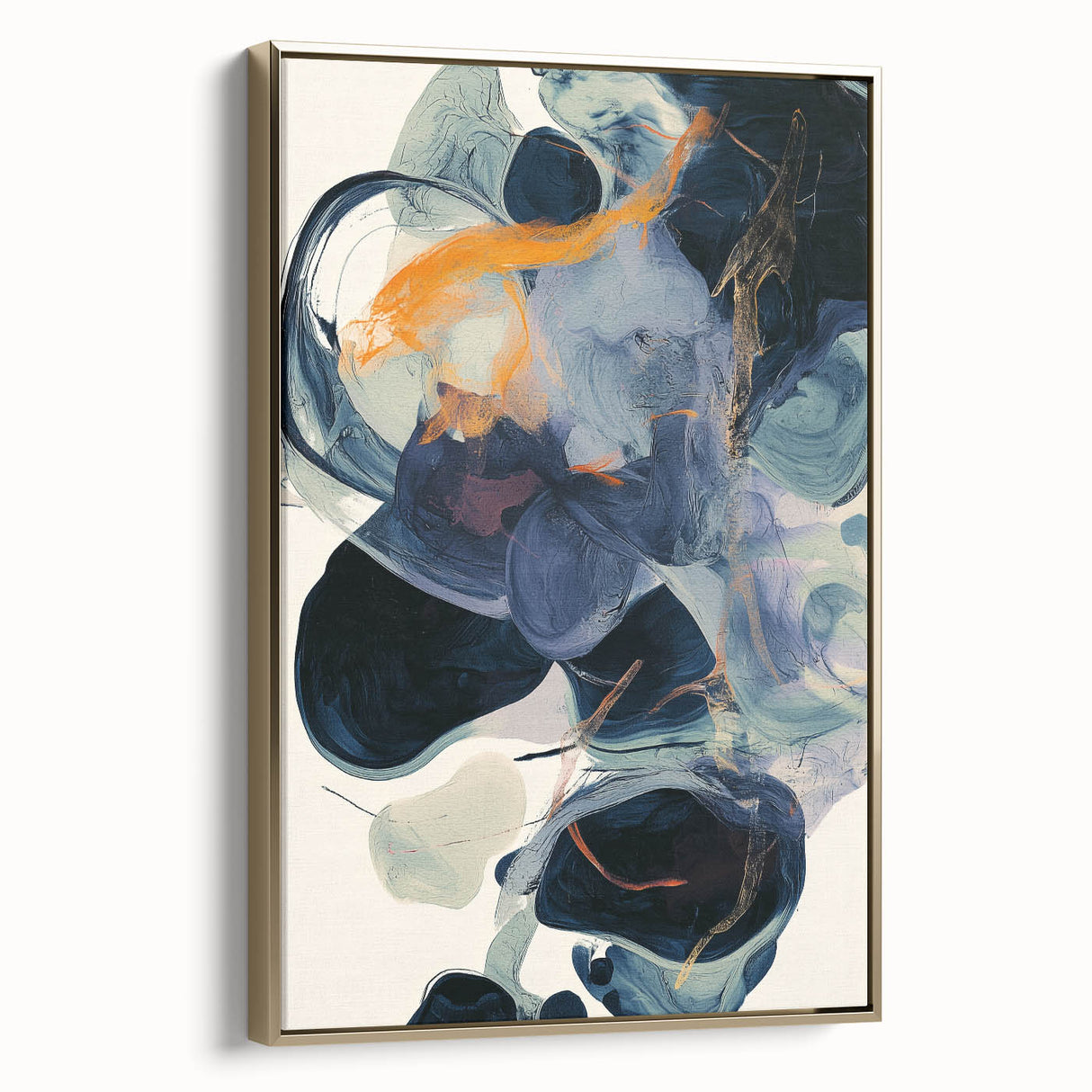 Framed minimalist abstract canvas artwork showcasing elegant gold accents against a neutral background, perfect for modern home decor and stylish interiors.