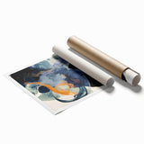 Abstract minimalistic rolled print showcasing soft pastel colors and geometric shapes, elegantly packaged in a robust cardboard tube for secure delivery.