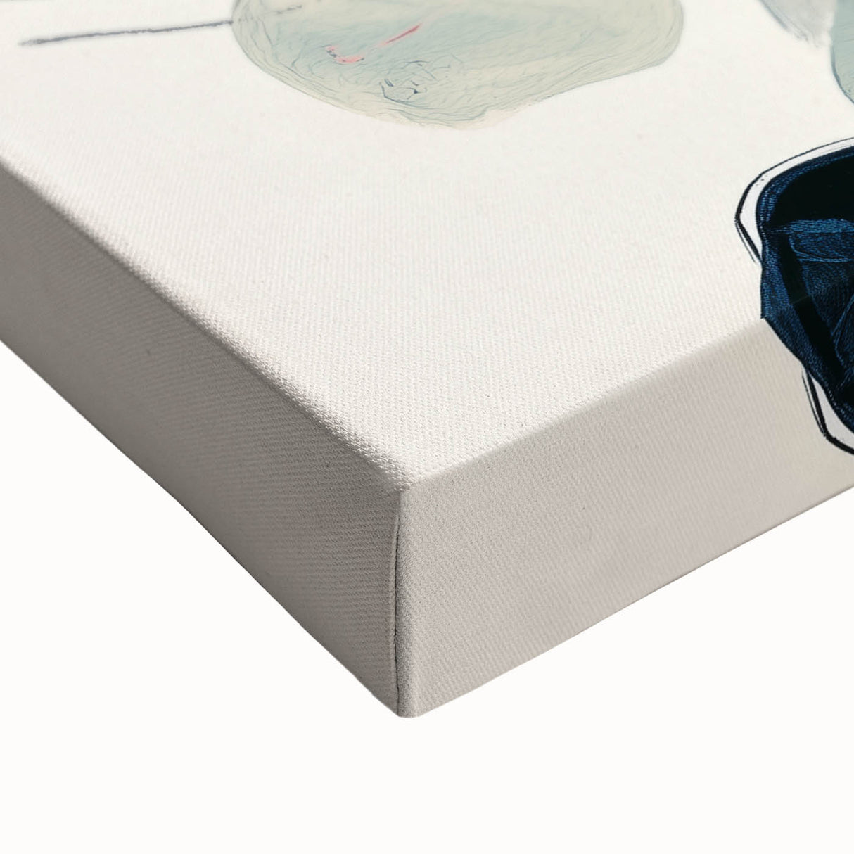 Close-up view of a stretched canvas artwork showcasing an abstract minimalist design in soft blue and beige tones, perfect for modern home decor.