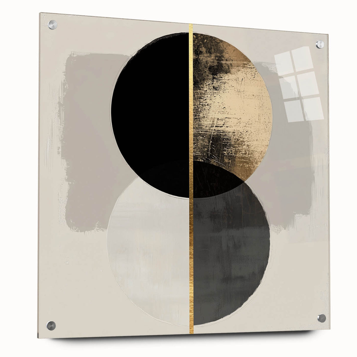 Abstract minimalist acrylic artwork displayed in a glass frame, showcasing a sleek side view with decorative pins. Ideal for modern decor and art enthusiasts.