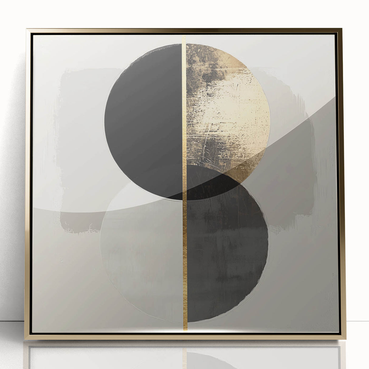 Framed acrylic artwork displaying a minimalist gold abstract design, showcasing elegant lines and shapes against a clean white background, perfect for modern decor.