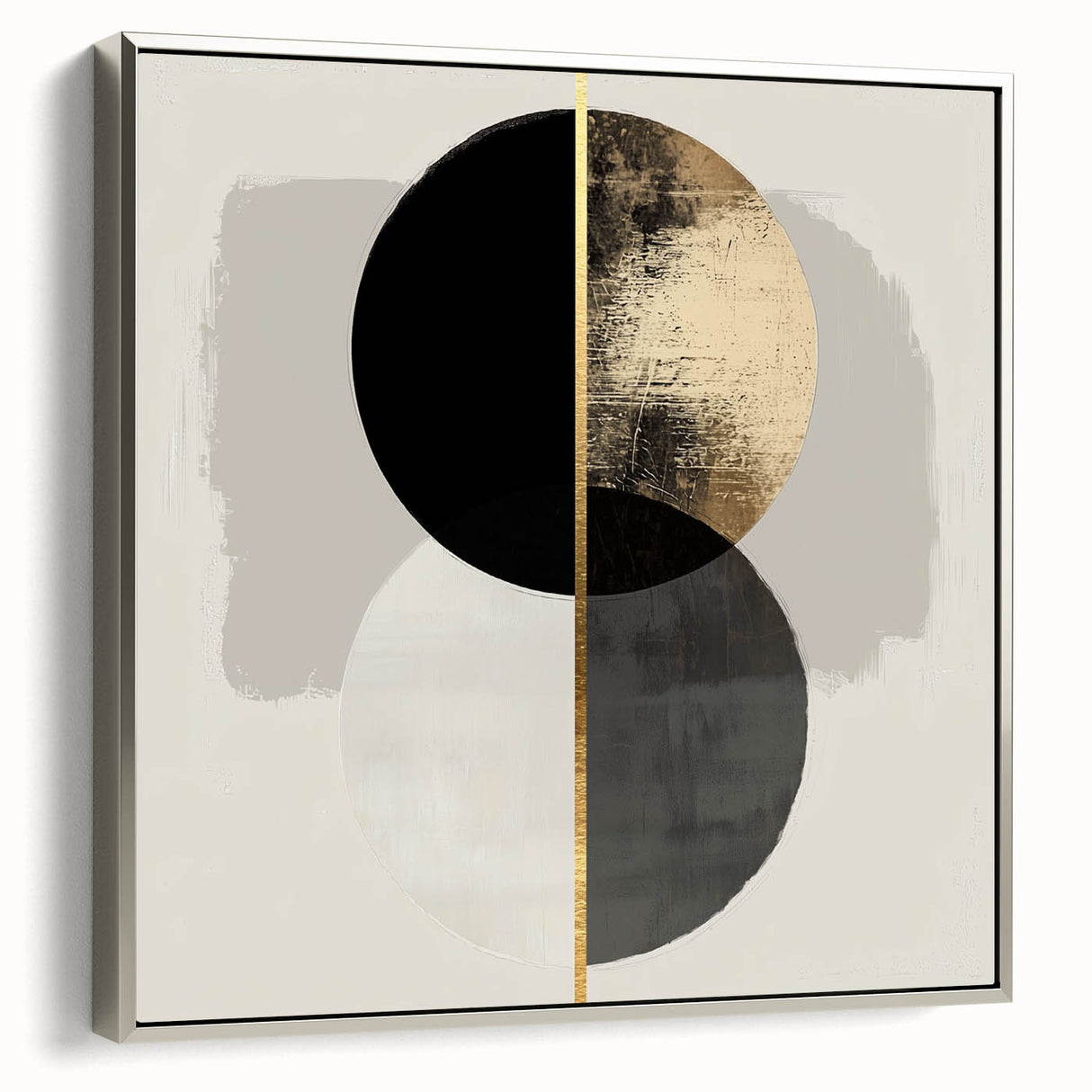 Framed minimalist abstract canvas artwork in silver frame, showcasing a modern design with soft colors and geometric shapes, ideal for contemporary decor.