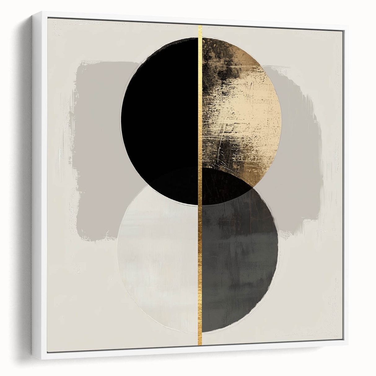 Framed minimalist abstract canvas art in white, showcasing soft lines and geometric shapes, ideal for modern decor, displayed in a bright interior setting.