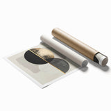 Abstract minimalist rolled print showcasing soft pastel colors and geometric shapes, elegantly designed to enhance modern home decor, packaged securely in a cardboard tube.