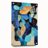 Minimalist abstract acrylic glass artwork displayed from a side view, showcasing vibrant colors and intricate details, secured with stylish pins for an elegant presentation.