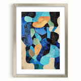 Minimalist silver-framed abstract artwork with a mat, showcasing geometric shapes and soft colors, ideal for contemporary home decor, front view.