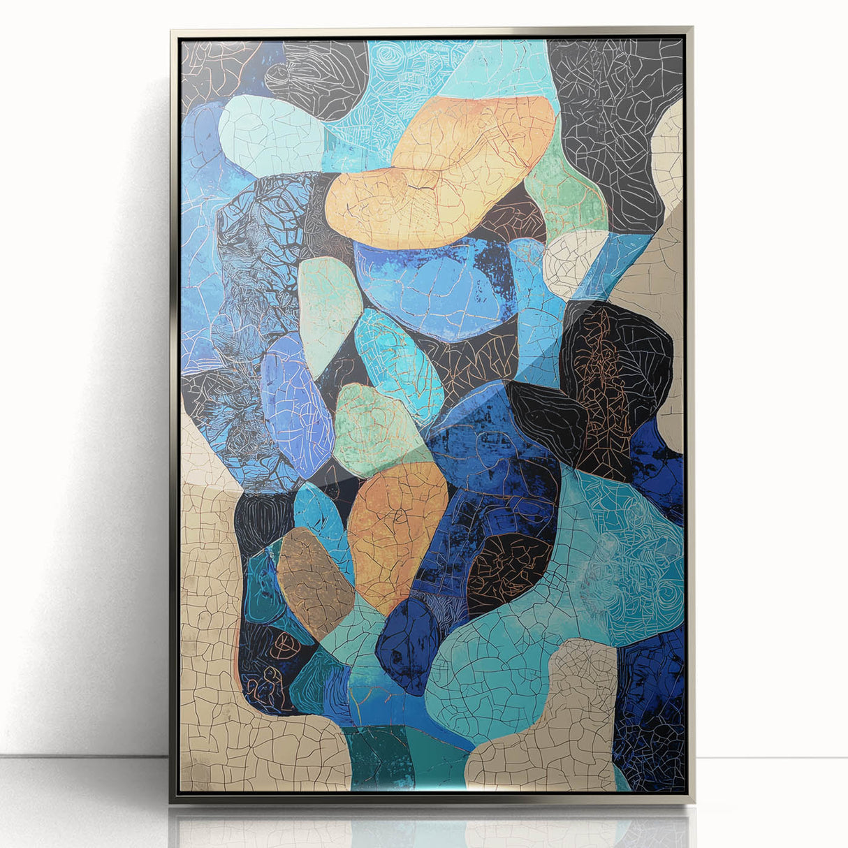Framed minimalist abstract art featuring sleek silver accents and a contemporary design, perfect for modern home decor. Elevates aesthetic appeal in any setting.