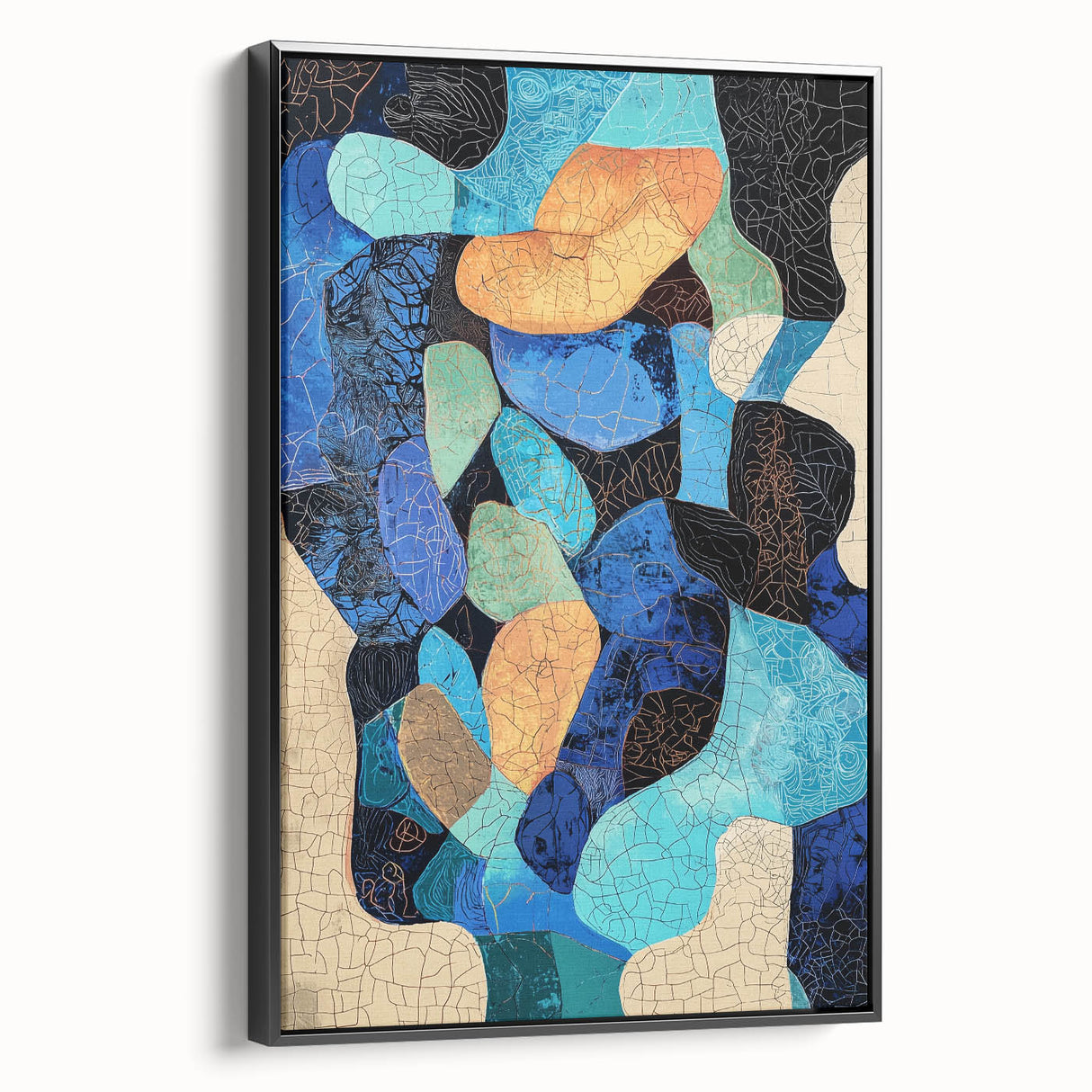 Framed minimalist abstract wall art featuring bold black and white geometric shapes, displayed from a side view to highlight its sleek design and modern aesthetic. Perfect for contemporary home decor or office spaces.