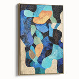 Framed minimalist abstract canvas art in gold tones, showcasing elegant geometric shapes, ideal for modern decor. Side view highlights its sleek design.