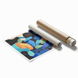 Abstract minimalist rolled print showcasing soft pastel colors and geometric shapes, elegantly packaged in a protective cardboard tube for art enthusiasts.