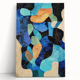 Abstract minimalist stretched canvas artwork featuring soft pastel colors and geometric shapes, leaning against a white wall, perfect for modern home decor.